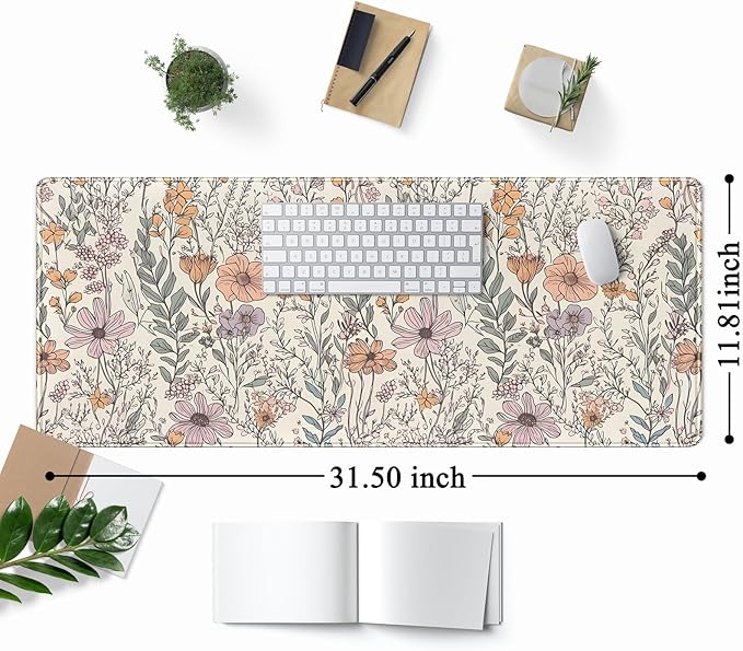Floral Desk Mat Cute Wildflowers Large Mouse Pad Extended Plant Gaming Mousepad XL Keyboard Mouse Mat Nature Botanical Aesthetic Desk Pad 31.5"x11.8" for Work Office Decor Gifts