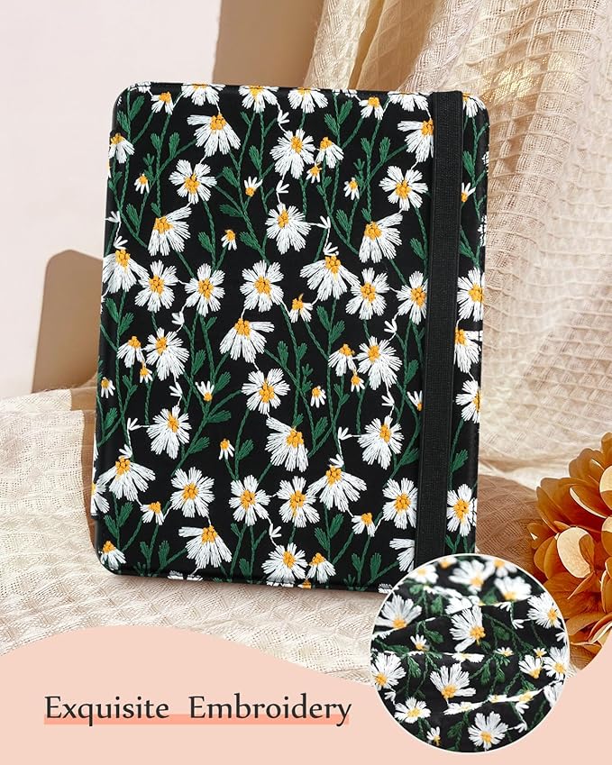 Uppuppy for iPad Air 13 Inch Case M3 2025/M2 2024, for iPad Pro 12.9 Case 6th/5th/4th/3rd Gen - Women Girls Cute Embroidered Folio Stand Cover with Pencil Holder & Card Slot Girly Black Daisy Floral