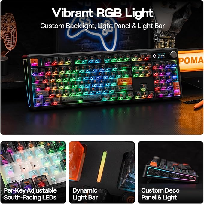 EPOMAKER TH108 V2 PRO Full Size Mechanical Keyboard with Screen&Knob, 10000mAh, BT/2.4Ghz, Mac Modifier PBT Keycap, Hot Swap, RGB, Gasket, Wireless Gaming Keyboard for Mac/PC (Black, Sea Salt Silent)