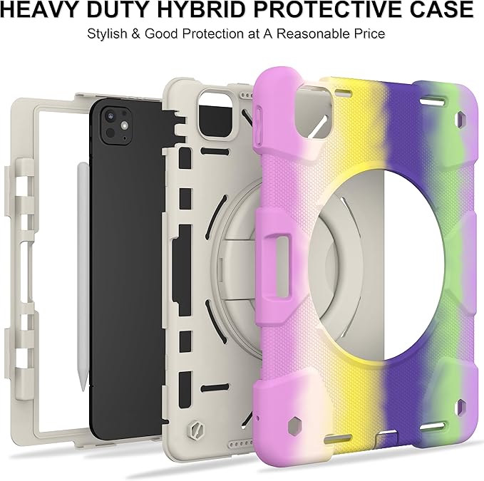 Andnary Case for iPad Pro 11 Inch M4 2024/M5 2025 Case, Heavy Duty Shockproof Cover with Screen Protector/360° Rotate Stand/Shoulder Strap/Pencil Holde (Colorful Purple, iPad Pro M4/M5 11 inch)