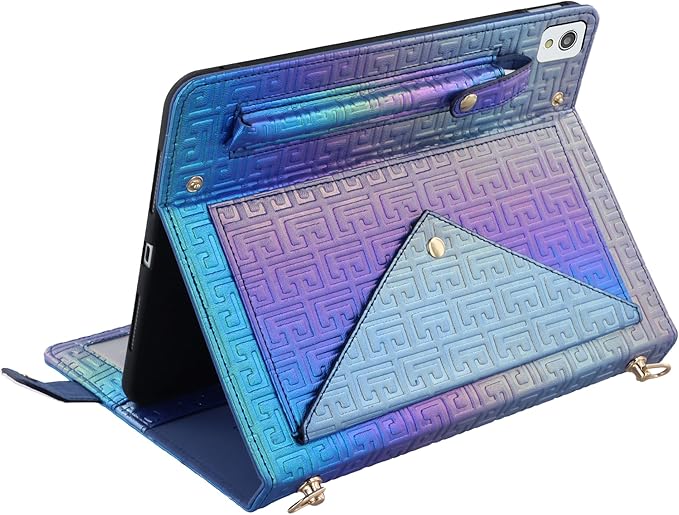 Shiny Case for iPad 9th 8th 7th Gen 10.2"/iPad Air 2019/iPad Pro 10.5, Techcircle Crossbody Iridescent Folio Stand Wallet Case with Pencil Holder+Card Slots+Hand Strap+Shoulder Strap, Shiny Indigo