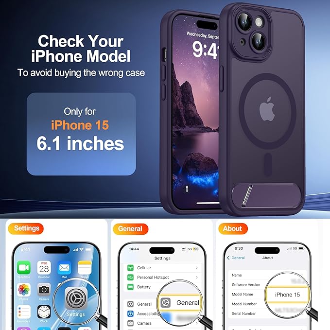 Magnetic Compatible with iPhone 15 Case, [Built-in Invisible Kickstand][Compatible with MagSafe][Full Camera Protection] Translucent Matte Phone Case for iPhone 15 6.1" Purple