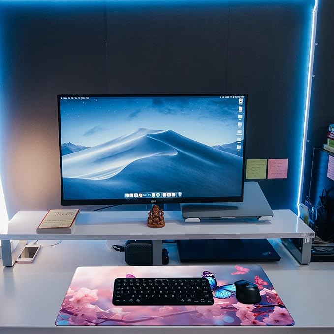 Desk Pad,Flying Blue Butterfly Desk Mat,Pink Cherry Blossom Branches Large Gaming Mouse Pad for Desk,31.5"x15.7" Extended Big Computer Keyboard Mouse Pad with Non-Slip Base and Stitched Edge