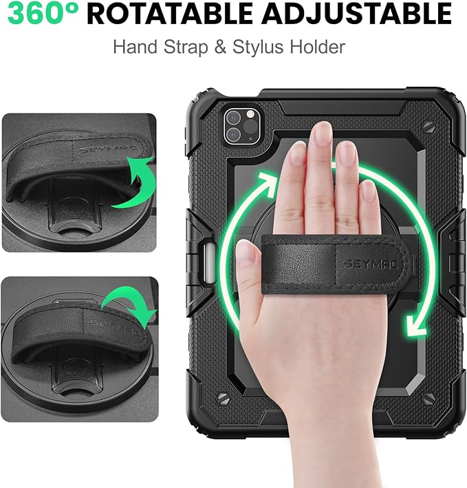 SEYMAC Case for iPad Pro 11 Case 4th/ 3rd/ 2nd/ 1st Gen (2022/2021/2020/2018), Full-Body Shockproof Protective Case with Screen Protector, 360° Rotating Stand and Hand/Shoulder Strap, Black
