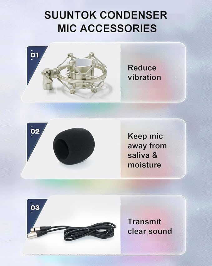 SUUNTOK XLR Condenser Microphone Recording Microphone for PC Computer Home Studio Cardioid Podcast Mic Kit for Streaming, ASMR, YouTube, Voice-Over, Gaming, Vocal (Silver)