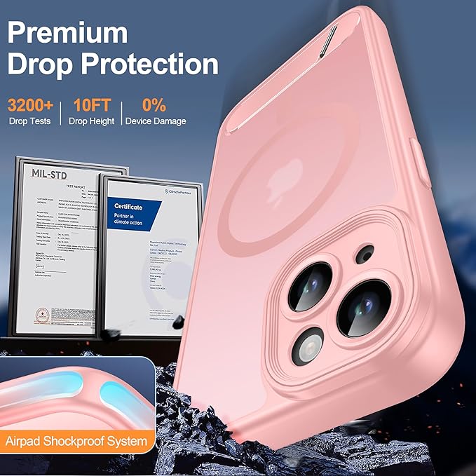 Magnetic Compatible with iPhone 15 Case, [Built-in Invisible Kickstand][Compatible with MagSafe][Full Camera Protection] Translucent Matte Phone Case for iPhone 15 6.1" Pink
