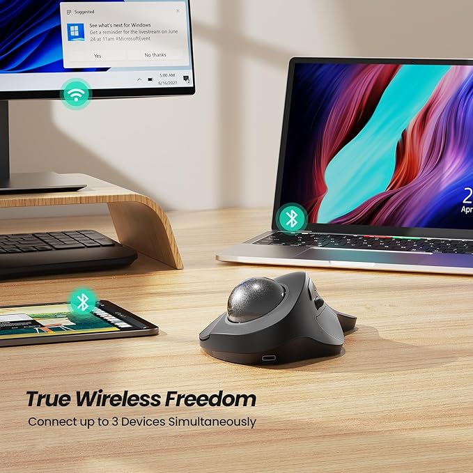 Nulea Wireless Ergonomic Trackball Mouse, Rechargeable, Bluetooth Rollerball Mouse, 44mm Index Finger Trackball, 5 Adjustable DPI, Compatible with PC, Laptop, iPad, Mac, Windows, Android