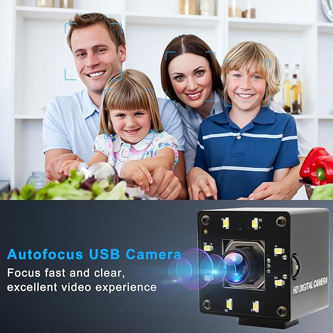 USB Camera 4K Autofocus Webcam High Resolution UHD 2160P Camera with 8pcs White LEDs,100°No Distortion Lens Webcamera with IMX415 Sensor,30fps Plug and Play Web Cam for Video Conference