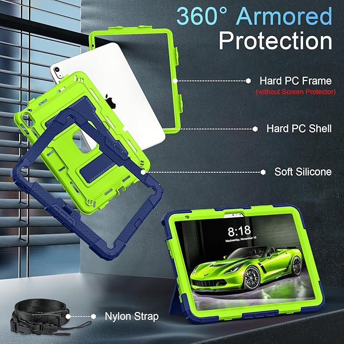 for iPad (A16) 11th /10th Generation 10th Gen iPad Case with Pencil Holder Shoulder Strap,Military Grade Shockproof for i Pad Covers 11.0/10.9 Inch 2025/2022,Navy Green