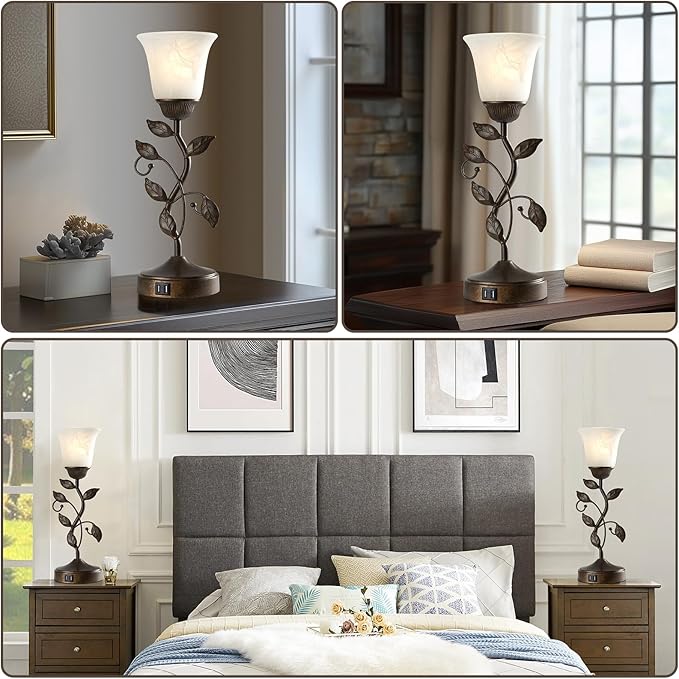 Set of 2 Touch Farmhouse Bedroom Table Lamps, Nightstand Vintage Flower Lamps with 2 USB Ports, 3 Way Dimmable Leaf Lamp for Living Room with White Glass Shades, Bulbs Included