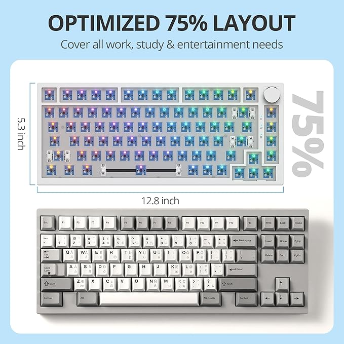 75% Custom Barebones Keyboard Kit Gamer ，Blank DIY Mechanical Gaming Keyboard PCB with Gasket Hot Swappable 3pin/5pin Switch RGB for Win/Mac (V400 White Kit)