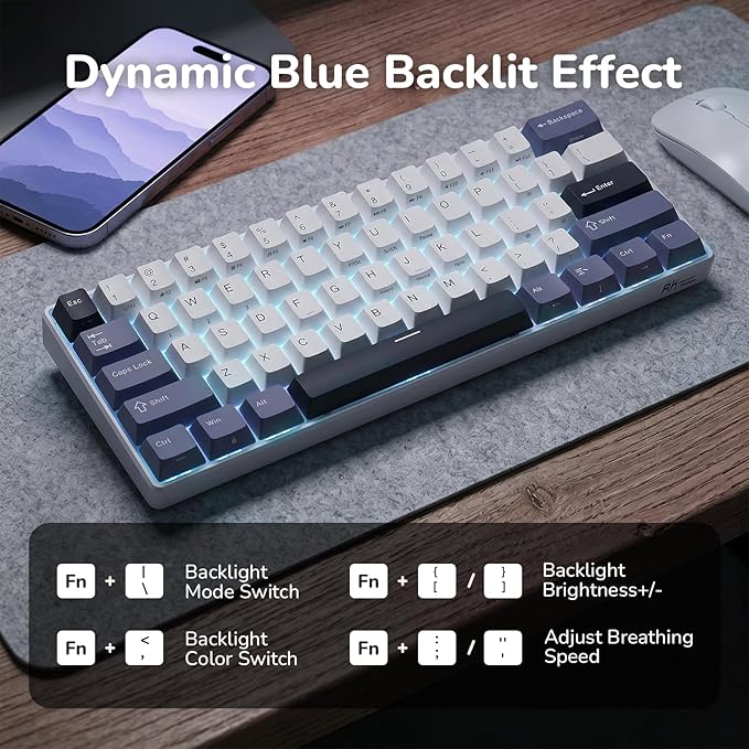 RK ROYAL KLUDGE RK61 Wireless Mechanical Keyboard, 60% Triple Mode BT5.0/2.4G/USB-C Compact Gaming Keyboard, PBT Keycaps, Pro Software, Hot Swappable Custom Switches