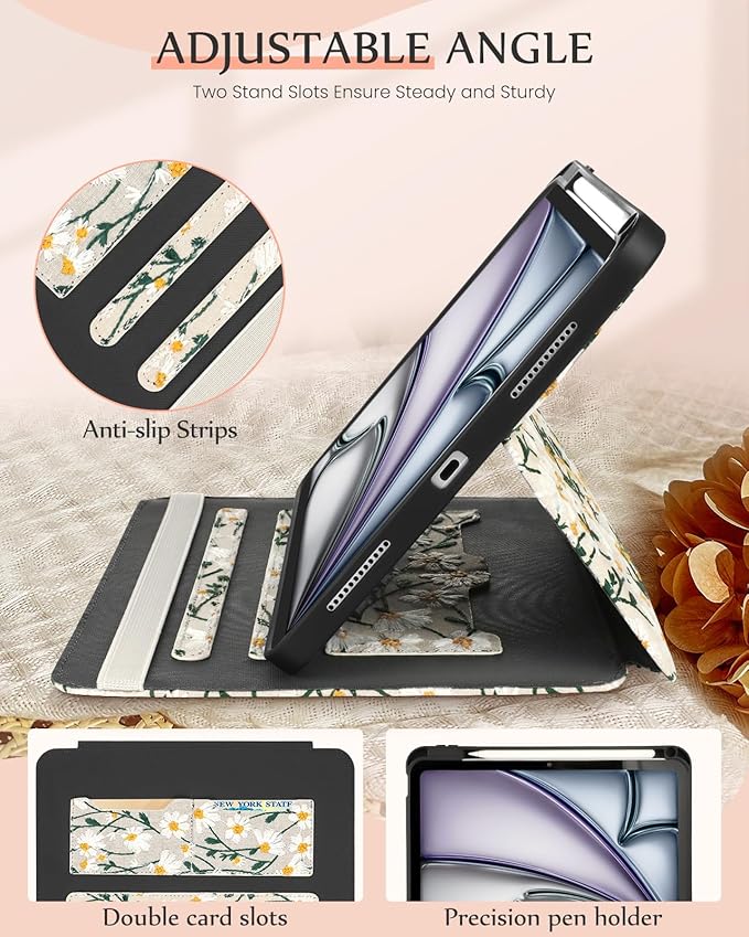 Uppuppy for iPad Air 11 inch Case M3 2025/M2 2024 - Air 5th/4th Generation Case 10.9'' Women Girls Cute Embroidered Folio Stand Cover with Pencil Holder & Card Slot Girly Daisy Flowers Design Cases