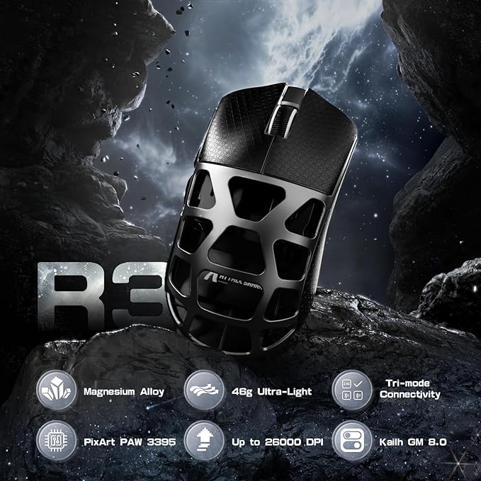 ATTACK SHARK R3 Wireless Gaming Mouse, 46g Superlight Magnesium Alloy Triple-Mode Computer Mouse, 8000Hz Polling Rate, PAW3395 26K DPI Sensor Programmable Mice with Griptape for PC/Win/Mac (Grey)