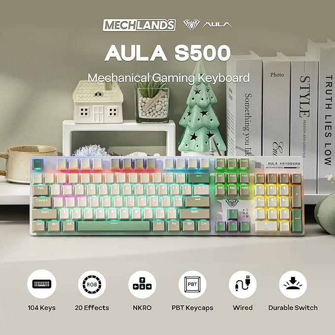 MechLands Aula S500 Wired Gaming Keyboard, 100% Full Size Mechanical Keyboard with Number Pad, 104 Keys, NKRO, RGB Backlits, Shine Through Keycaps, Ergonomic for PC E-Sports (White&Green, Red Switch)