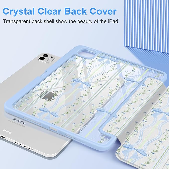 TWOLSKOO Case for iPad Pro 11-inch (M5 2025 / M4 2024), Clear Acrylic Back with TPU Bumper, Pencil Holder, Trifold Stand, Auto Sleep/Wake, Wavy Stripes & Bows