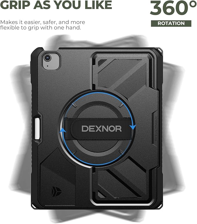 Dexnor Case for iPad Air 13 inch M4/M3/M2 (2026/2025/2024), Rugged Protective Case with 360° Rotating Hand Strap& Steady Stand& Screen Protector& Pencil Holder Shockproof Full-Body Bumper Cover, Black