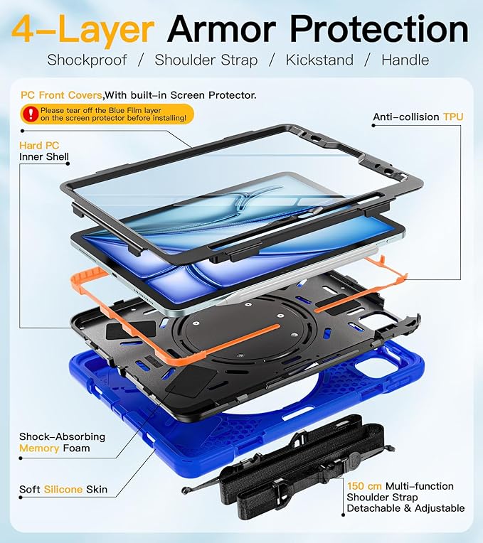 BRAECN for iPad Air 11 Inch Case M4 2026/M3 2025/M2 2024, iPad Air 5th/4th Gen 10.9”, iPad Pro 11 4th/3rd/2nd/1st, Rugged Cover with Screen Protector, Shoulder Strap,Pencil Holder, Handle & Kickstand