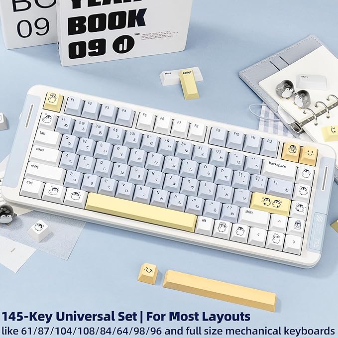 134 Keys Blue&White Penguin Keycaps - Cute PBT Japanese Keycap Cherry Profile Dye Sublimation - Custom White Key Cap for Cherry Gateron MX Switches Mechanical Gaming Keyboard