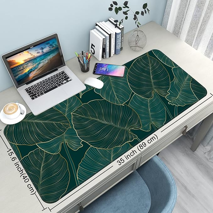 Desk Mat,Large Mouse Pad 35''×15.6'' XXL Extended Gaming Mouse Pad Mat with Non-Slip Base Stitched Eges Mousepad for Computer,Office,Keyboard and Laptop - Green Leaves