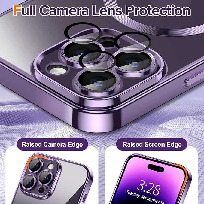 Hython Magnetic Clear for iPhone 14 Pro Case with Camera Lens Protector [Compatible with MagSafe] Luxury Plating Edge Slim Soft TPU Cover Protective Phone Case for iPhone 14 Pro 6.1", Deep Purple