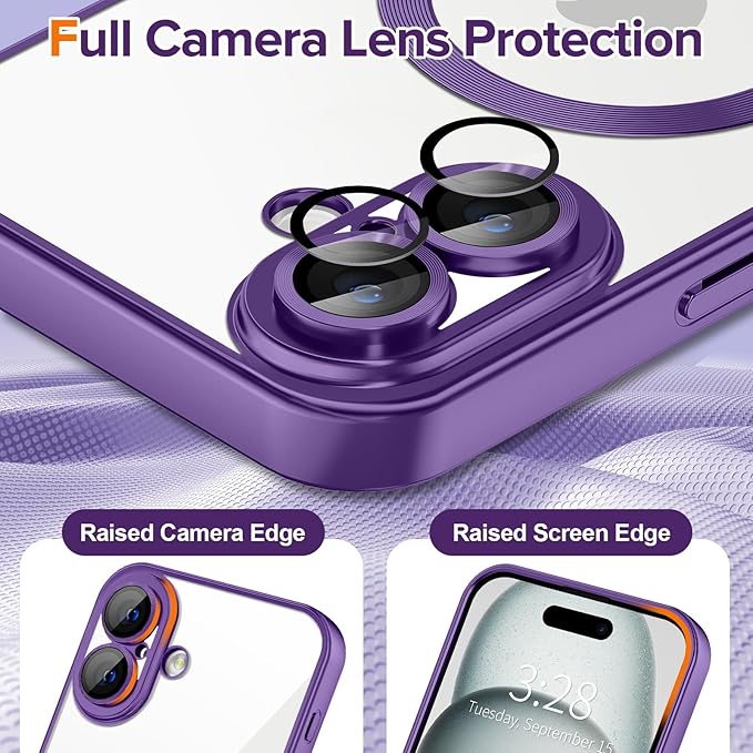 Hython Magnetic Clear for iPhone 16 Plus Case with Camera Lens Protector [Compatible with MagSafe] Luxury Plating Edge Slim Soft TPU Cover Protective Phone Case for iPhone 16 Plus, Matte Purple