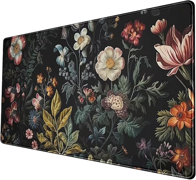 Floral Desk Mat Dark Academia Vintage Aesthetic Desk Pad Flower Plant Large Gaming Mousepad Black Extended Mouse Pad XXL Laptop Computer Mouse Keyboard Mat 31.5 x 15.7 Office Desk Decor