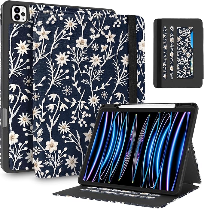 Uppuppy for iPad Air 13 Inch Case M3 2025/M2 2024, for iPad Pro 12.9 Case 6th/5th/4th/3rd Gen - Women Girls Cute Embroidered Folio Stand Cover with Pencil Holder & Card Slot Design Girly Kawaii Flower