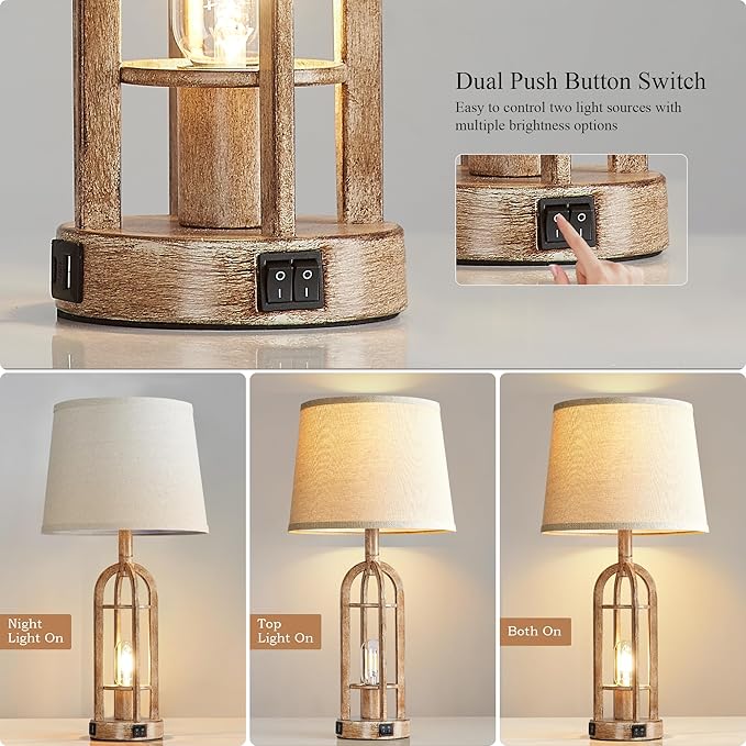 SRJJA Table Lamps for Living Room End Table Set of 2 - Rustic Farmhouse Bedside Lamps for Bedroom Nightstand with Nightlight and USB A+C, 4 Bulbs Included