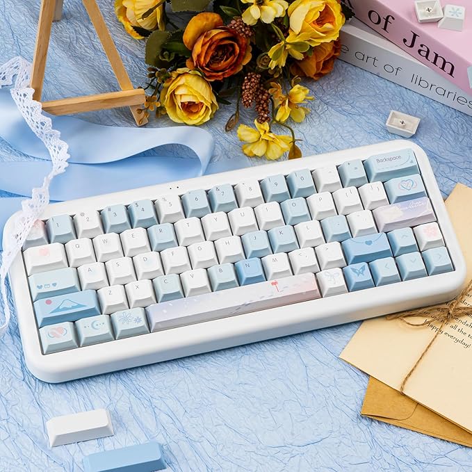 PBT Keycaps-White Blue Key caps 60 65 75 Percent, Cute Keycaps Custom 118 Keys, Cherry Profile for 61/68/84/87 Cherry Gateron MX Mechanical Keyboard