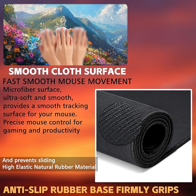 Large Gaming Mouse Pad for Desk, Watercolor Colorful Wildflowers Desk Mat, Flowers On Mountains Desk Pad, 31.5"x15.7" Extended Big Computer Mouse Pad with Non-Slip Base and Stitched Edge