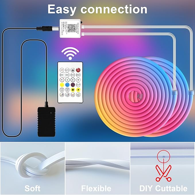 Cozylady RGB Neon LED Rope Lights, Waterproof Bluetooth APP Remote Control Music Sync Strip Lights, 24V Flexible DIY Silicone Light for Bedroom Home Indoor Outdoor Decor (12M/40Ft)