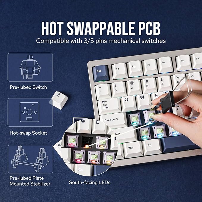 EPOMAKER P75 Wireless Aluminum Mechanical Keyboard, BT 5.0/2.4GHz/USB-C Hot Swappable Custom Keyboard, Gasket Structure, RGB Backlit, for PC/Tablet/PS/Xbox (Silver, Wisteria Linear Switch)
