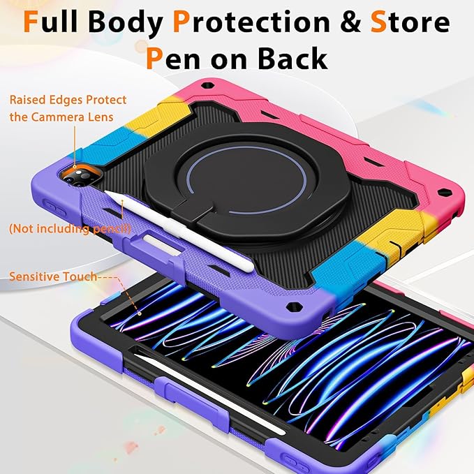ROISKIN for iPad Pro 12.9 -Inch Case (6th, 5th, 4th & 3rd Gen)with HD Screen Protector, 360 Stand, Handle, Pencil Holder,Shoulder Strap[15ft Drop Protection]Rugged Bulky Full Body 12.9 iPad Pro Case
