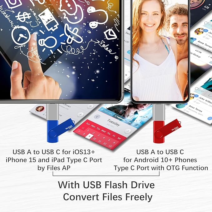 2 Pack 64GB USB 2.0 Flash Drive and 1 USB C Adapter, Thumb Drive USB Memory Stick Jump Drive, Compatible with OTG Type C Phones, Tablets, Laptop, PC (Blue, Red)