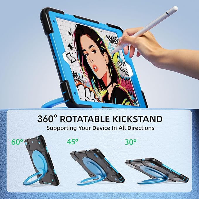 Andnary Case for iPad 9th/8th/7th Generation 10.2 inch, Shockproof Cover with Screen Protector/360° Rotate Stand/Pencil Holder/Shoulder Strap, Kids Case for iPad 2021/2020/2019 (Black+Blue)