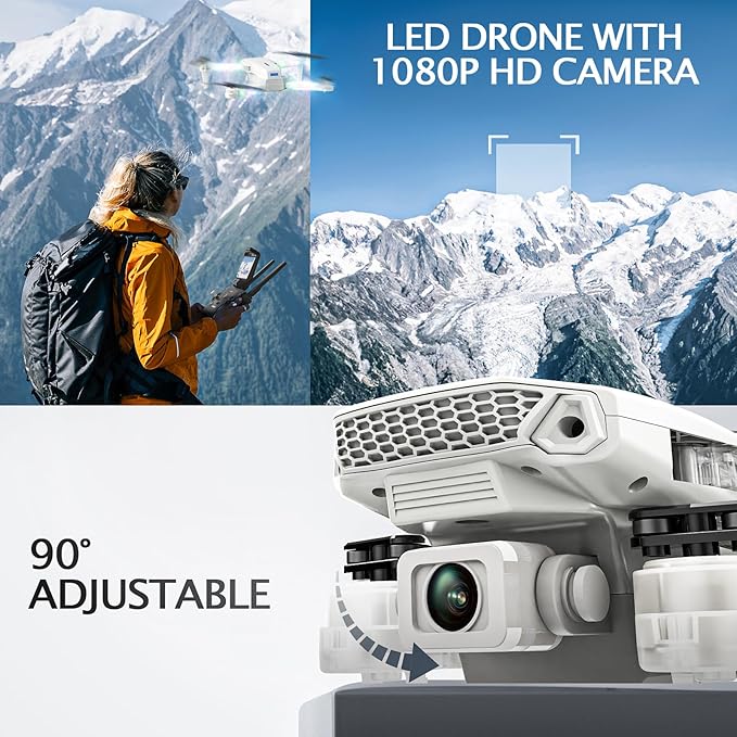 Drone with Camera 1080P HD - Foldable FPV Mini Drones with LED Lights for Adults Kids and Beginners, Toys Gifts RC Quadcopter with One Key Take Off, 3D Flips for Boys Girls with 2 Batteries, White