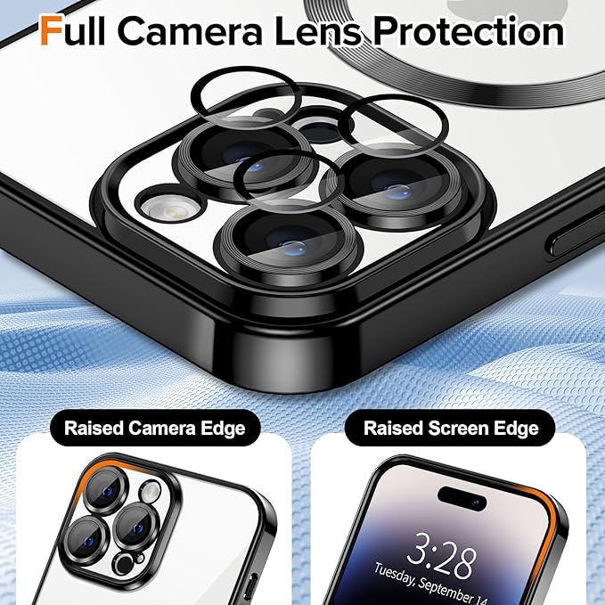 Hython Magnetic Clear for iPhone 14 Pro Case with Camera Lens Protector [Compatible with MagSafe] Luxury Plating Edge Slim Soft TPU Cover Protective Phone Case for iPhone 14 Pro 6.1", Black