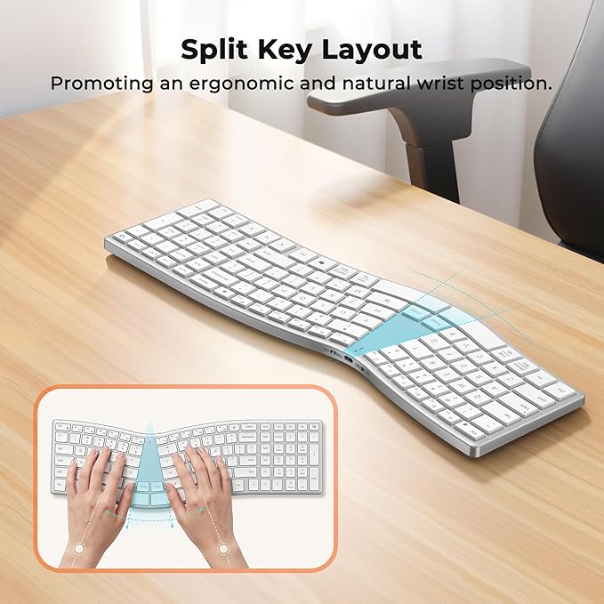 MEETION Wireless Ergonomic Keyboard, S-Curve Design Split Keyboard, 2.4G USB-A & Dual Bluetooth Keyboards, Slim Low-Profile Keys, Type-C Rechargeable, Full-Size Layout for Windows/Mac/PC/Laptop, White