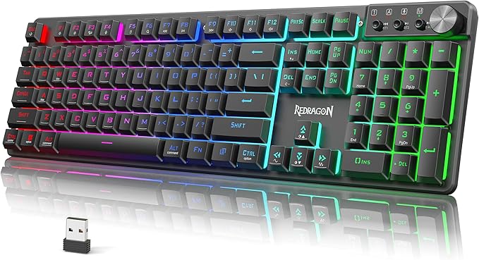 Redragon K521WL Wireless Gaming Keyboard with Knob, Tri-Mode BT/2.4G/USB-C RGB Mechanical Feeling Keyboard with Multimedia Keys, 4000mAh Battery, Anti-Ghosting, Compatible with PC - Upgrade