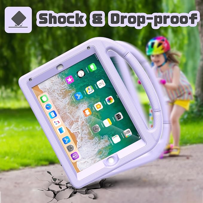 YIHE Shockproof Kids Case for iPad 6th/5th Generation (9.7 inch, 2018/2017), iPad Air 2/1 & Pro 9.7 | Durable Protective Cover with Built-in Screen Protector & Stable Stand, Light Purple