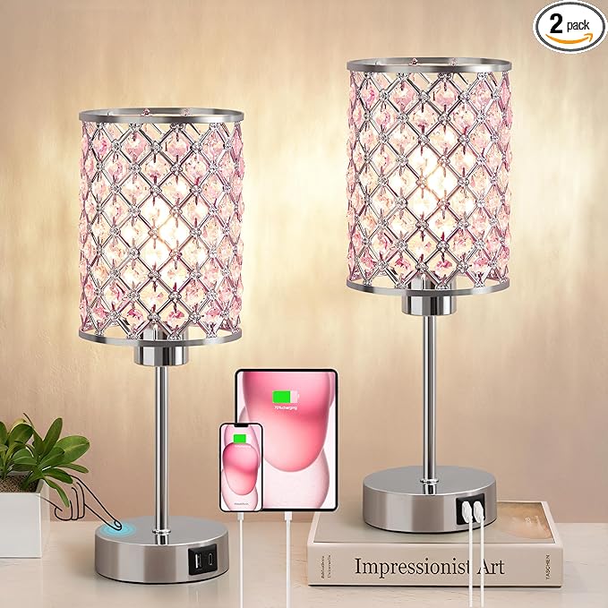 GyroVu Pink Crystal Table Lamp, Touch Control Bedside Lamps with USB-C+A Charging Ports, Dimmable Nightstand Small Desk Lamp Set of 2 for Girl Bedroom, Living Room, Office(Buld Included)