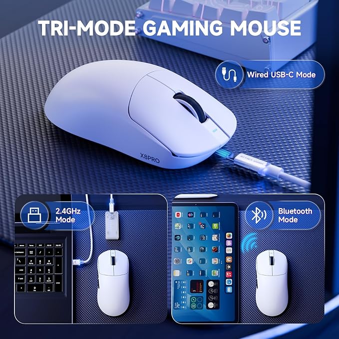 ATTACK SHARK X8 PRO 8K Wireless Gaming Mouse,PAW 3395PRO Sensor,40K DPI,Tri-Mode,55g Ultra-Light,Broadcom 52840 MCU Chip,Programmable Mice with Coiled Cable for PC/MAC/Win-White