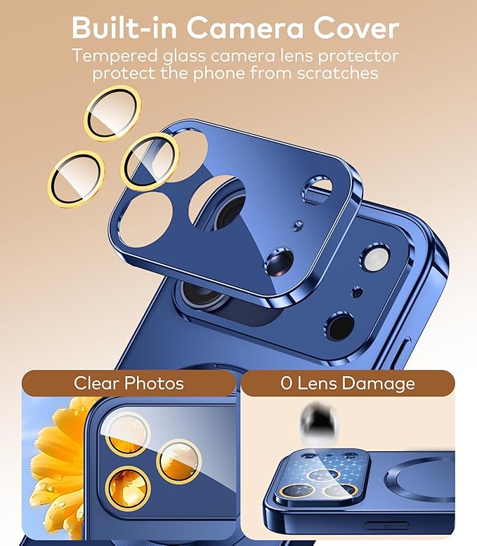 TOBOVON Magnetic for iPhone 17 Pro Case with Ring Stand, Fits MagSafe, with Built-in Camera Cover, Slim Electroplated Shockproof Phone Case, Blue