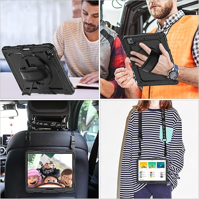 SEYMAC stock Case for iPad Pro 12.9'' 2022/2021/2020/2018 with Screen Protector 360 Rotating Stand Hand Strap, Drop-Proof Case for iPad Pro 12.9''(6th/5th/4th/3rd Generation), Black
