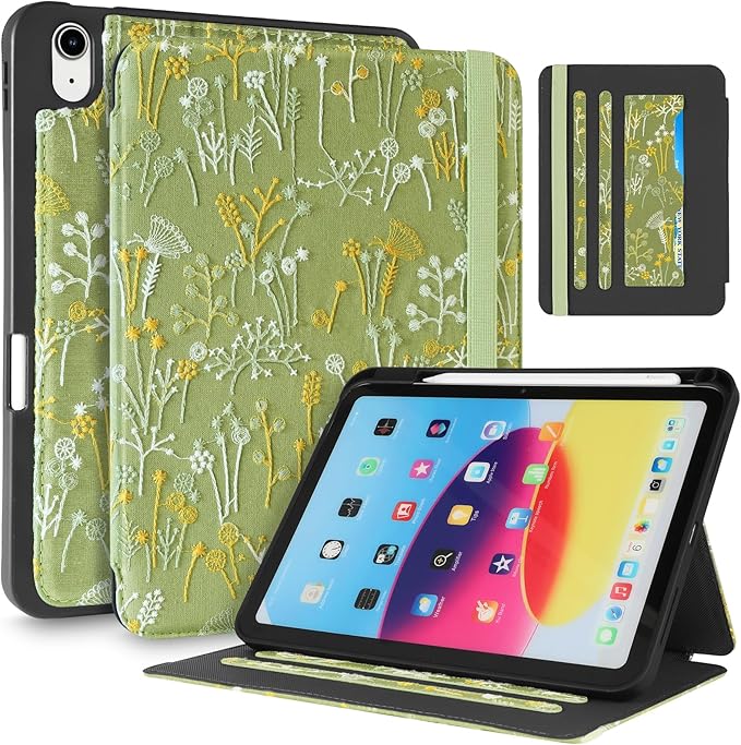 Uppuppy for iPad 10th Generation Case, for iPad (A16) 11th Generation Case - Women Girls Cute Embroidered Folio Stand Cover with Pencil Holder & Card Slot Girly Kawaii Plants Design Aesthetic Cases