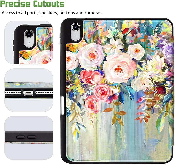 for iPad (A16) 11Th/10Th Generation Case 2025/2022, for iPad A16 Case 11Th/10Th Generation, Slim Cover Pencil Holder & 4 Viewing Angles & Typing Stand, Art Oil Painting Flower Floral