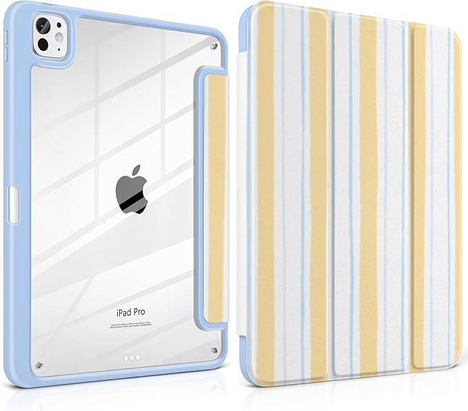 Case for iPad Pro 11 Inch (M5 2025 M4 2024) – [Built-in Pencil Holder], Shockproof & Stylish, Clear Hard Back + Soft TPU Edge, Magnetic Trifold Stand, Auto Wake/Sleep, Watercolor Stripes