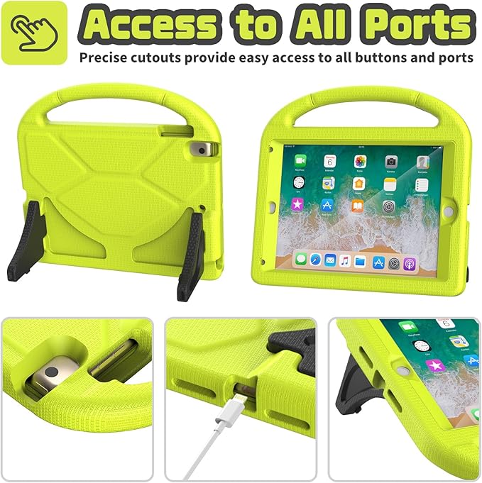YIHE Shockproof Kids Case for iPad 6th/5th Generation (9.7 inch, 2018/2017), iPad Air 2/1 & Pro 9.7 | Durable Protective Cover with Built-in Screen Protector & Stable Stand, Light Yellow