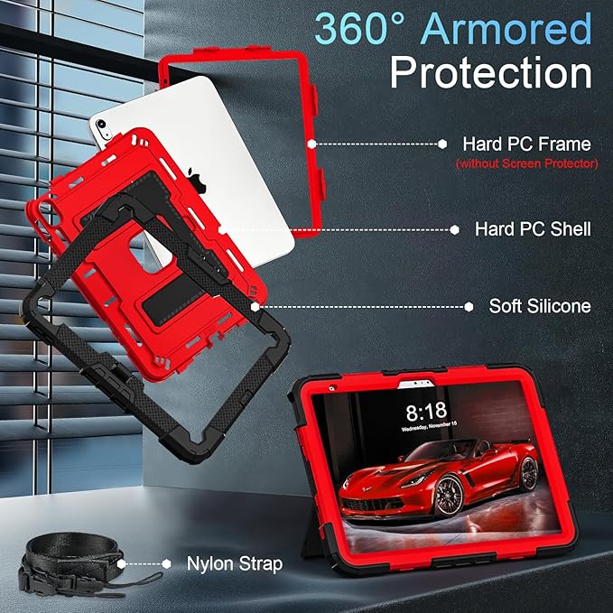 for iPad (A16) 11th 11 Inch/10th Generation 10.9 Inch 2025/2022 iPad Case 10th Generation with Shoulder Strap/Pencil Holder,Shockproof Cover for i Pad 11th/10th,Black Red